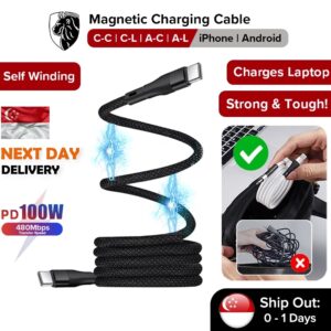 (SG) LionShield 100W PD Type C/USB A-L/C/4-in-1 Fast Charging Magnetic Self Winding Cable, Compatible w iPhone/Android
