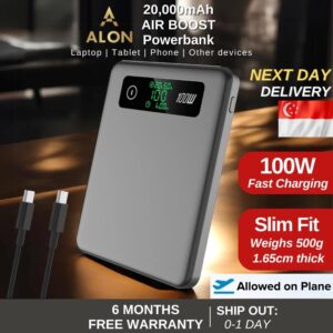 (SG) ALON AIR BOOST 20000mAh PD 100W Laptop Powerbank (Black) – Ultra Slim 4 Fast Charging Port